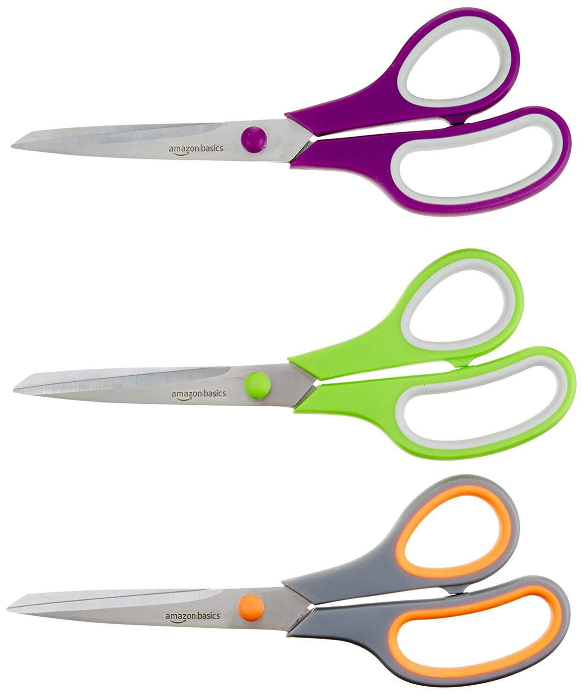 Amazon Basics Multipurpose Stainless Steel Scissors for Office, Crafts, Paper Cutting, Fabric Cutting, Right/Left Handed, Comfort Grip, PVD Coated, 2-Pack, Green and Grey