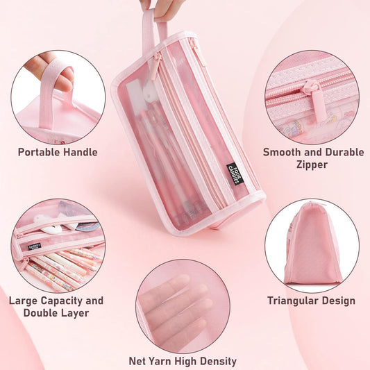 Four Candies Grid Mesh Pencil Case, Clear Double-layer with Handle (Pink)