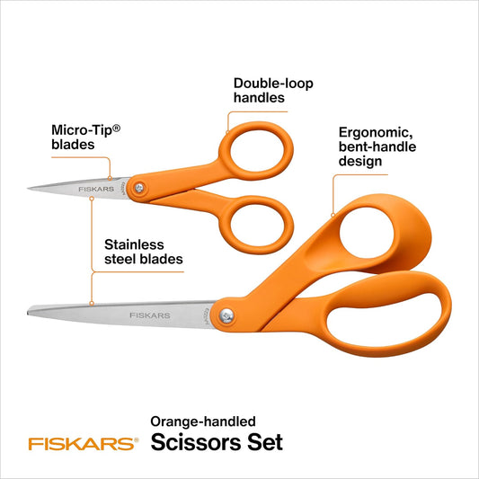 Fiskars 2-Piece Original Orange-Handled Scissors Set, Stainless Steel Blade
