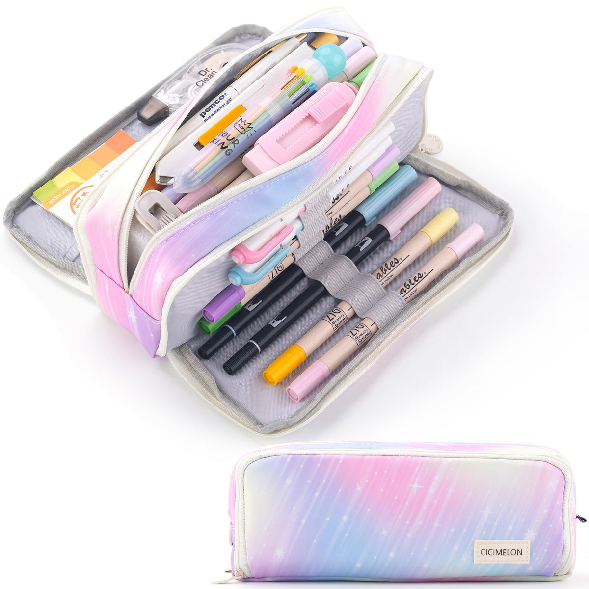 CICIMELON Large Capacity Pencil Case 3 Compartment Pouch Pen Bag for School Teen Girl Boy Men Women (Purple)