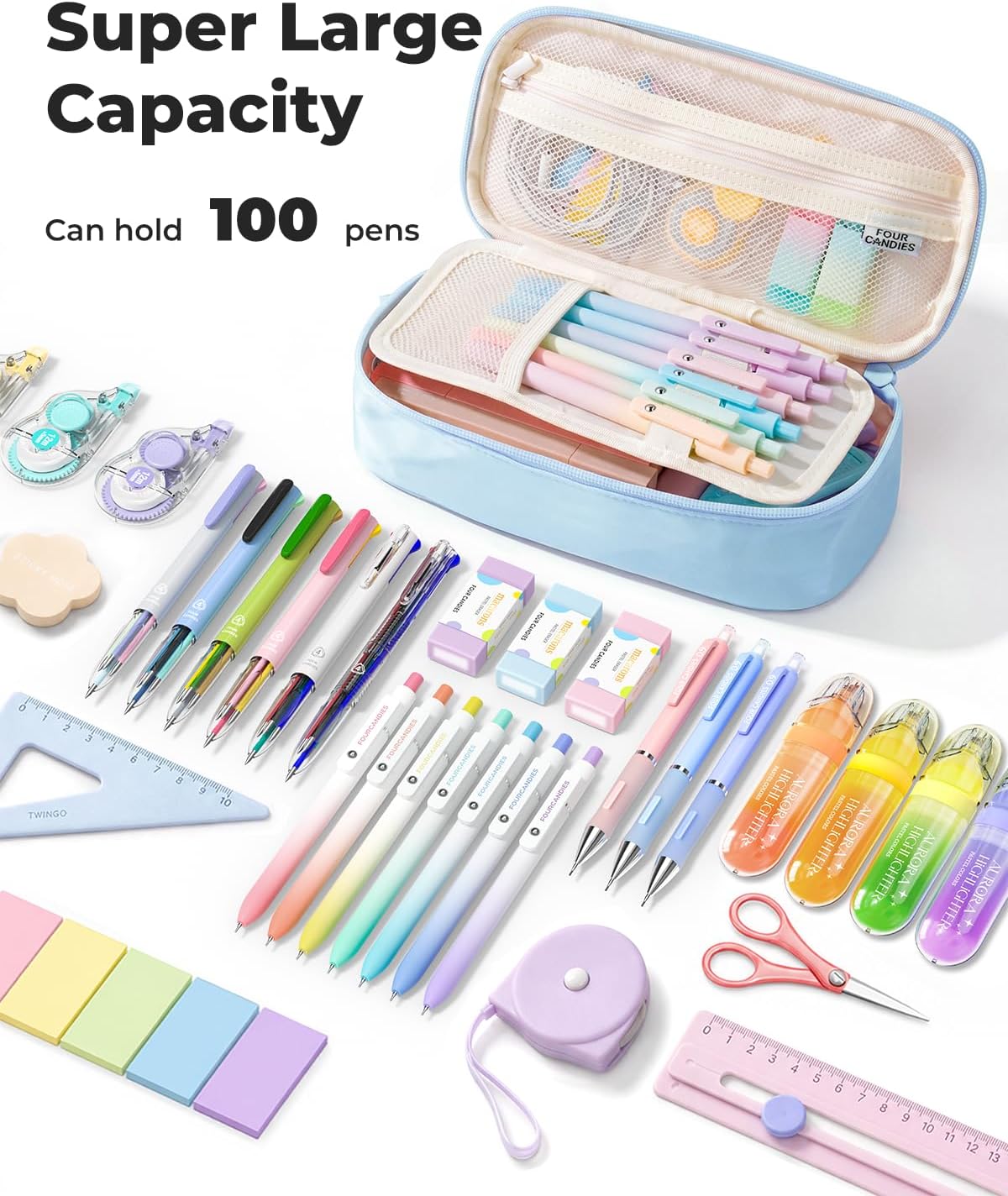 Four Candies Large Pencil Case, 5 Compartments Pen Organizer Pouch