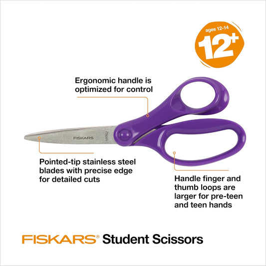 Fiskars 7" Student Scissors for Kids Ages 12-14, School & Crafting, Purple