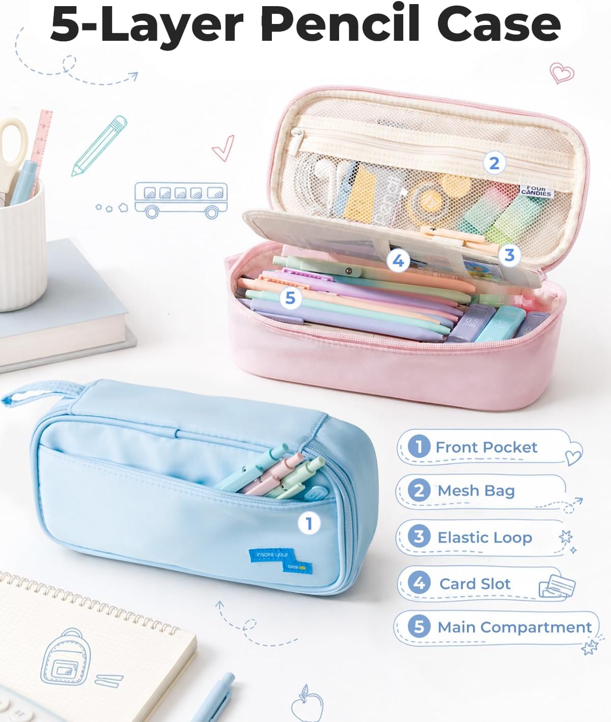 Four Candies Large Pencil Case, 5 Compartments Pen Organizer Pouch