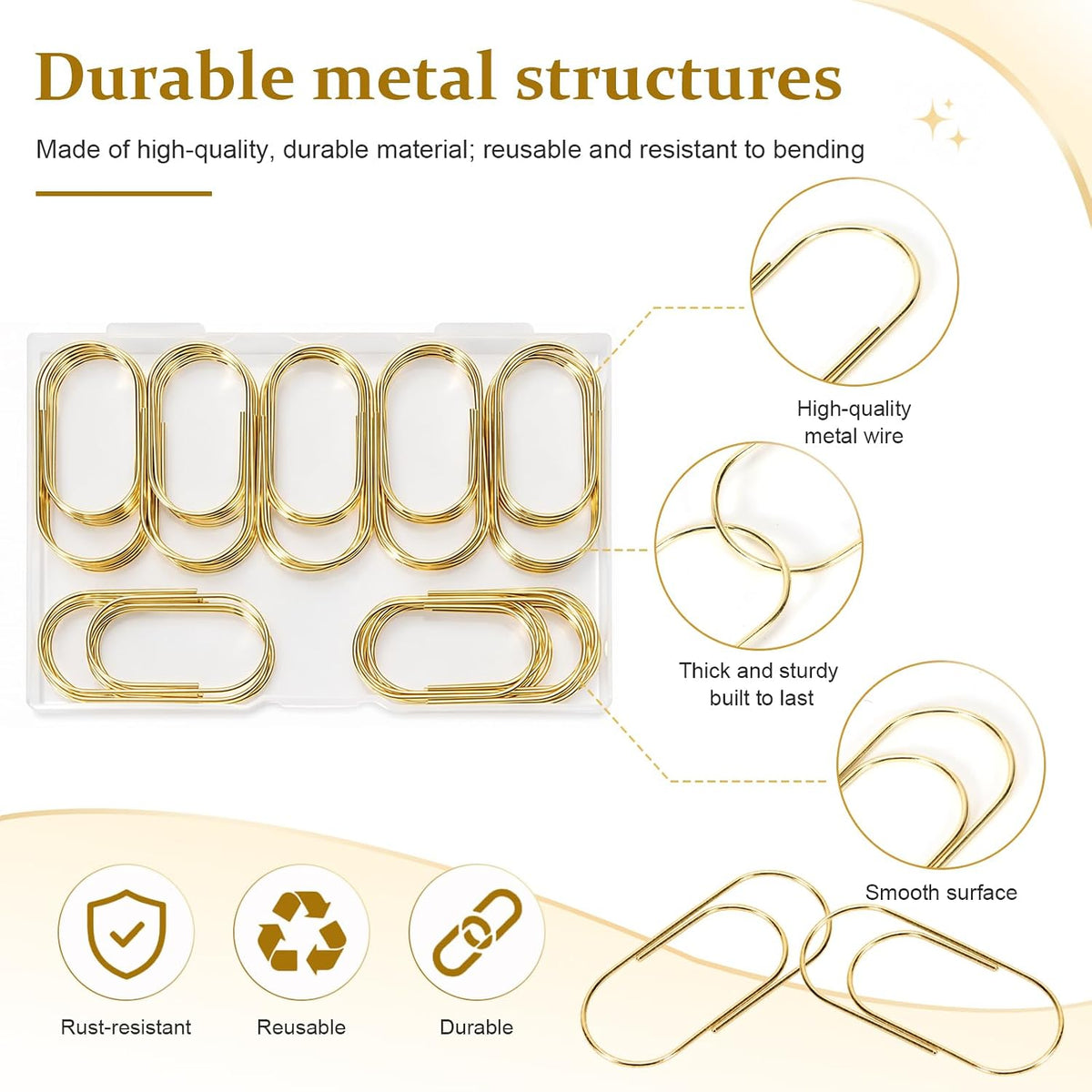 50 Pcs Jumbo Paper Clips 2 Inch (50mm), Large Gold Paperclips, Non-Skid Smooth Steel Wire, Oversized Wide Clips for Office School Planner Bookmarks