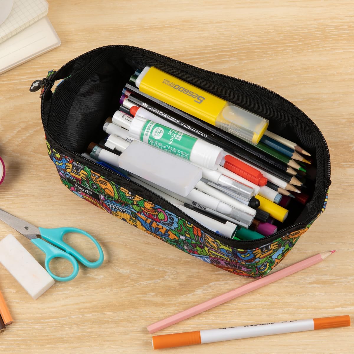 ZIPIT Lenny Pencil Case, Large Zipper Pouch for Girls and Boys, Doodles