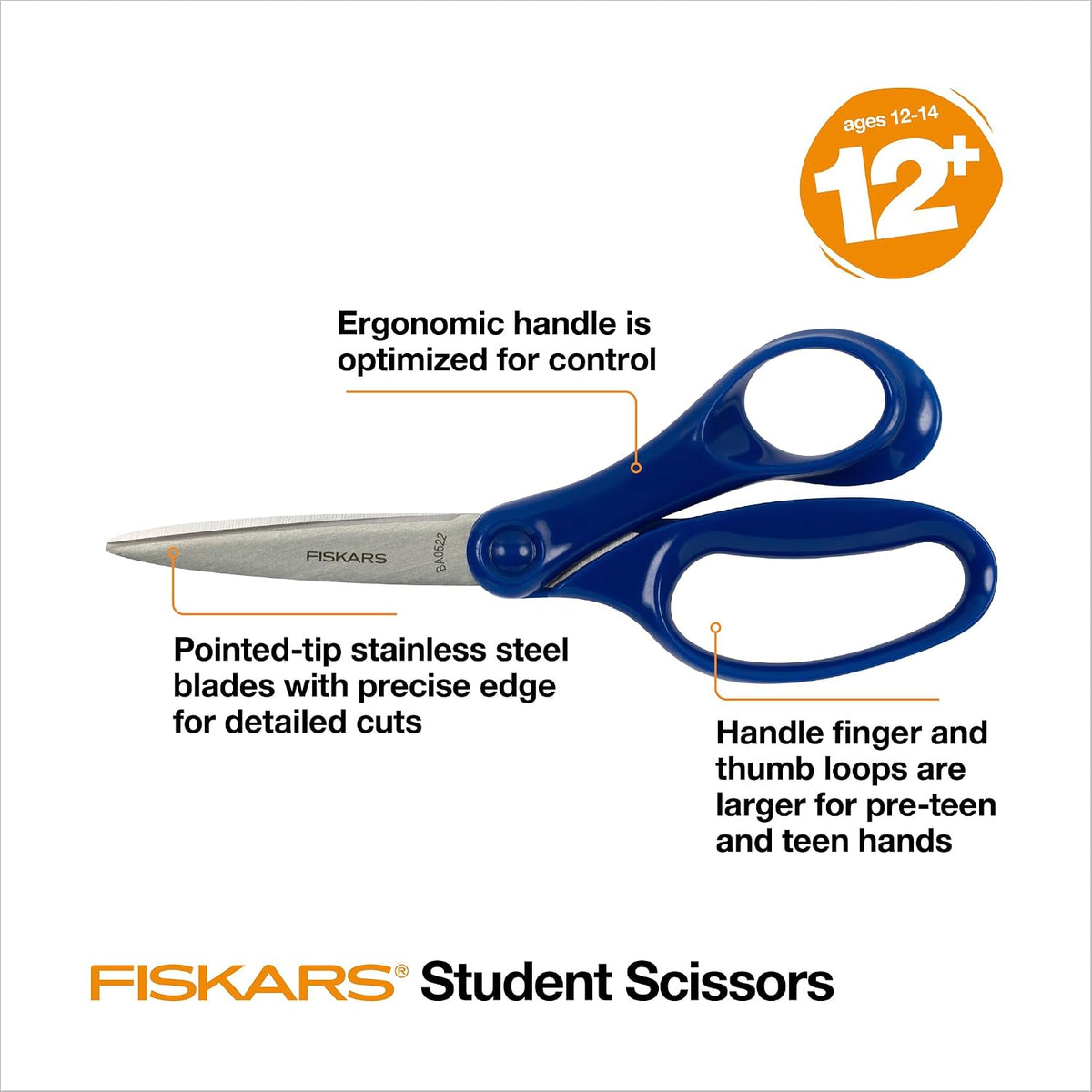 Fiskars 7" Student Scissors for Kids Ages 12-14, School & Crafting, Blue