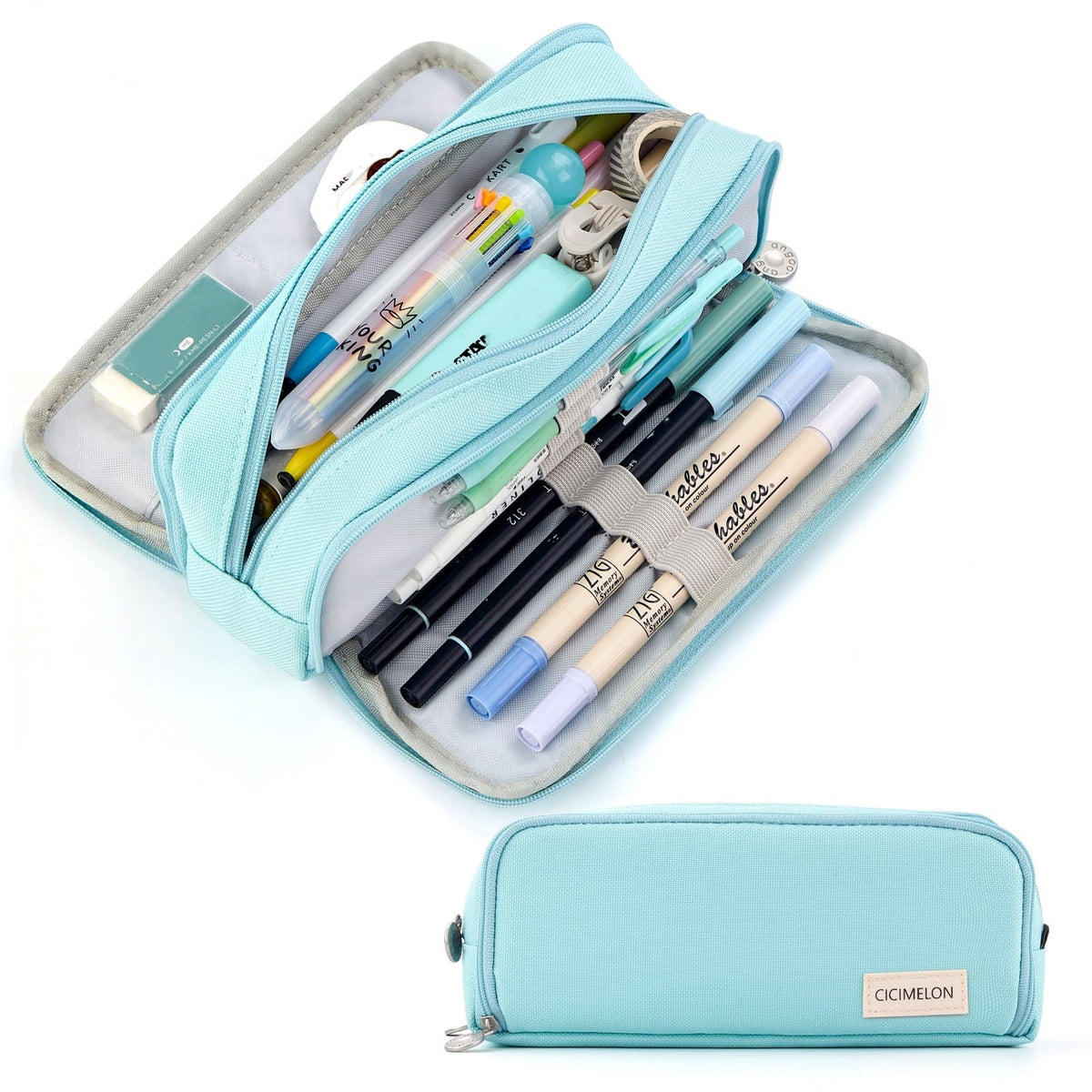 CICIMELON Large Capacity Pencil Case 3 Compartment Pouch Pen Bag for School Teen Girl Boy Men Women (Navy)