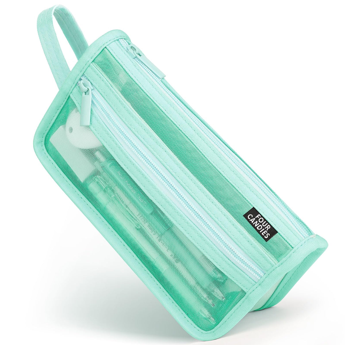 Four Candies Grid Mesh Pencil Case, Clear Double-layer with Handle (Pink)