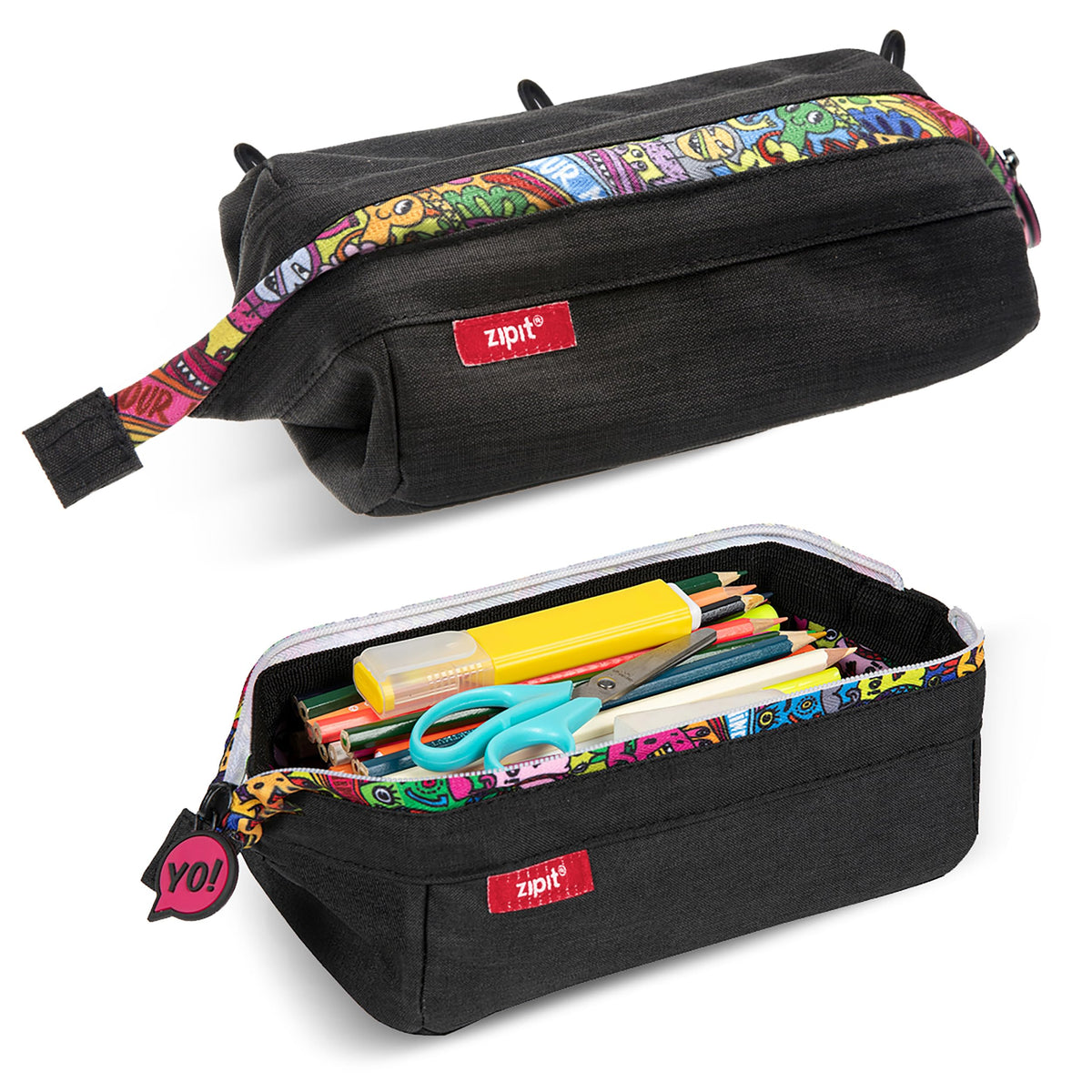 ZIPIT Lenny Pencil Case, Large Zipper Pouch for Girls and Boys, Doodles