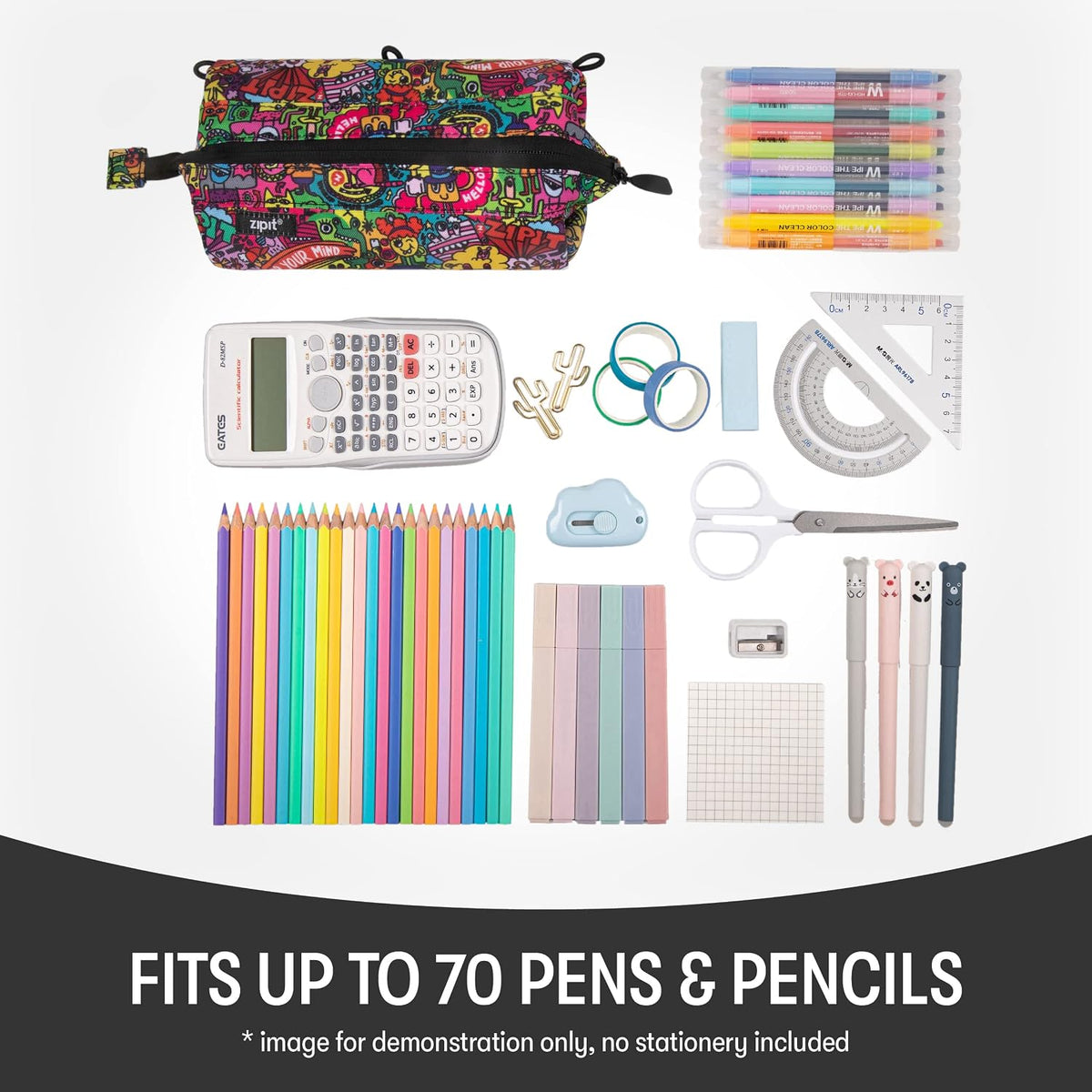 ZIPIT Lenny Pencil Case, Large Zipper Pouch for Girls and Boys, Doodles