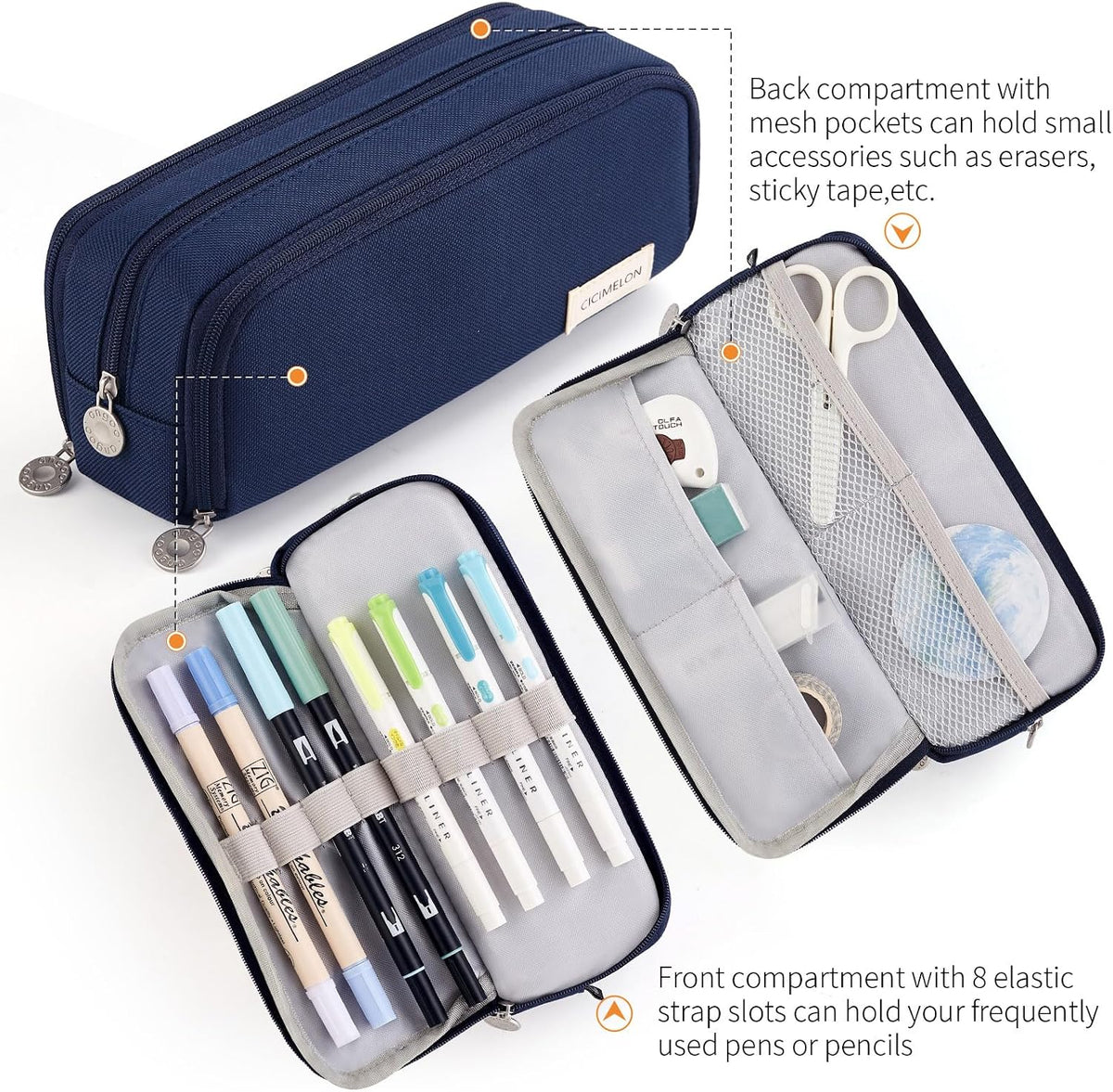 CICIMELON Large Capacity Pencil Case 3 Compartment Pouch Pen Bag for School Teen Girl Boy Men Women (Navy)