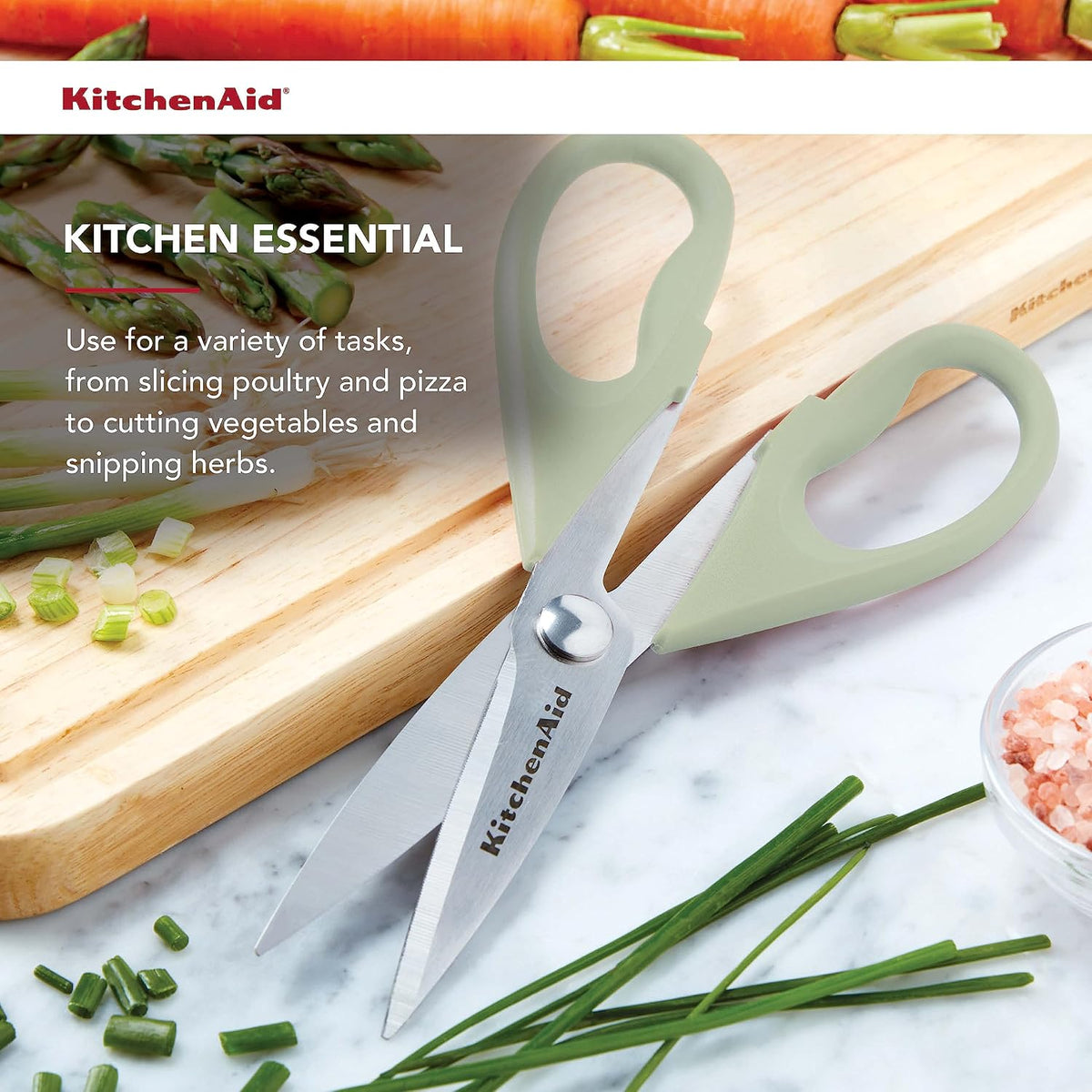 KitchenAid All Purpose Kitchen Shears with Protective Sheath Durable Stainless Steel Scissors, Dishwasher Safe, Soft Grip Comfort Handle, 8.72 Inch, Pistachio