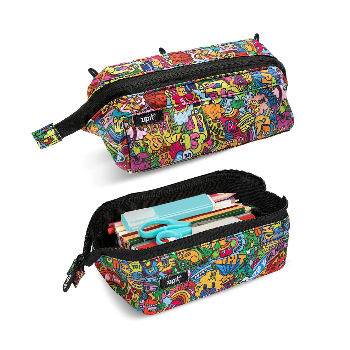 ZIPIT Lenny Pencil Case, Large Zipper Pouch for Girls and Boys, Doodles