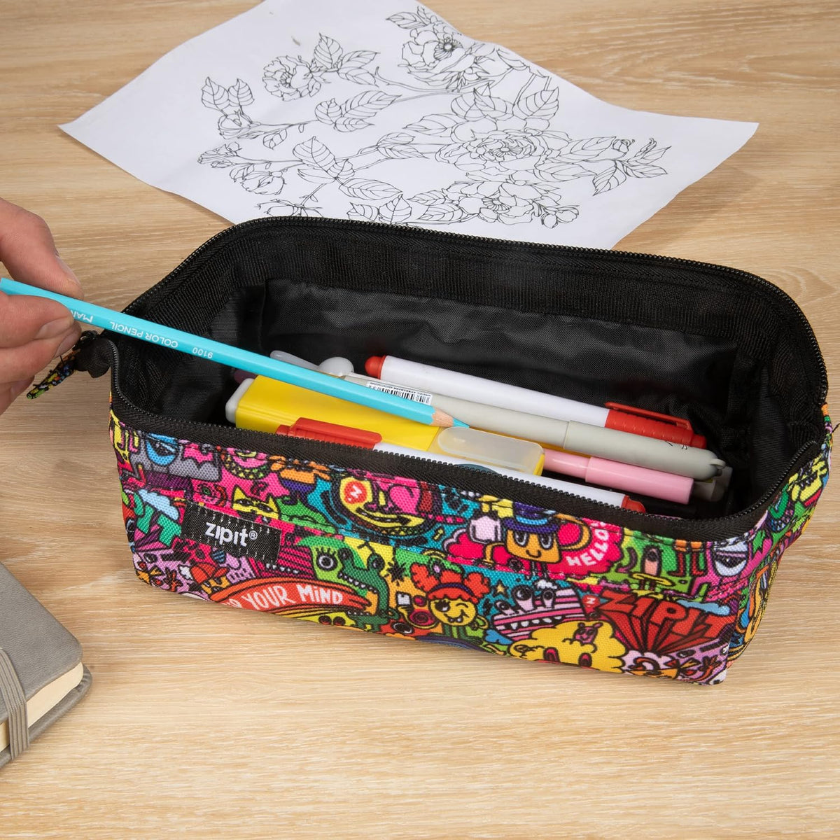 ZIPIT Lenny Pencil Case, Large Zipper Pouch for Girls and Boys, Doodles