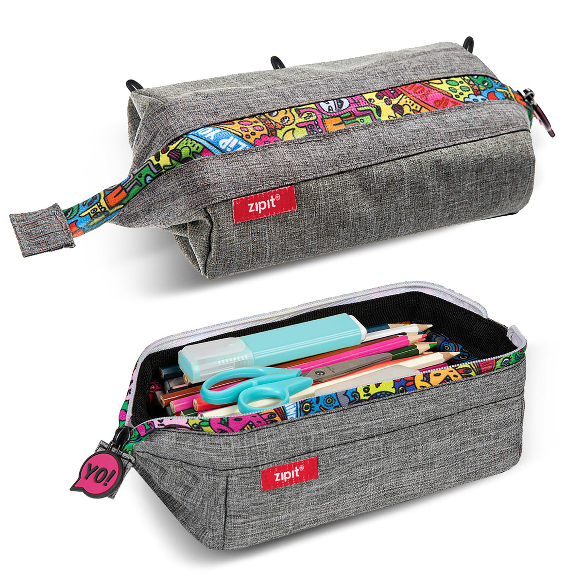 ZIPIT Lenny Pencil Case, Large Zipper Pouch for Girls and Boys, Doodles