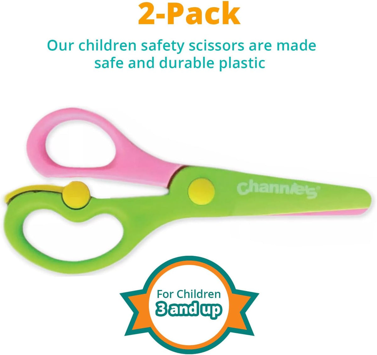 Channie's Safety Scissors for Small Hands (Ages 3-5) - Kid-Safe Plastic Training Scissors for Preschoolers, Toddler Safety Scissors (2 pack)