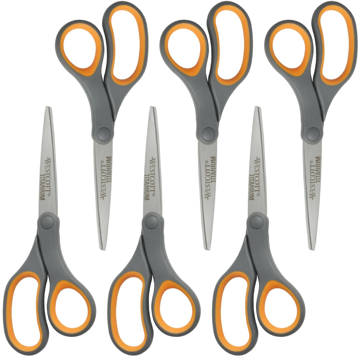 Westcott Titanium Bonded Scissors, Soft Handle, 8", Straight, Gray/Yellow, 6-Pack
