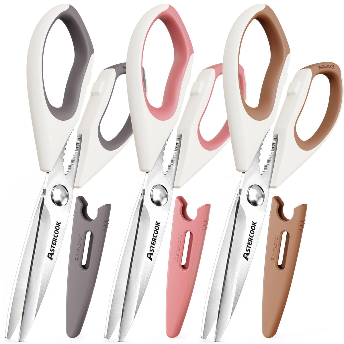 Astercook Kitchen Scissors, 3-Pack Heavy Duty Kitchen Shears with Stainless Steel Blades for Meat, Poultry, Herbs, Vegetables and Packaging, Dishwasher Safe Seafood Tools