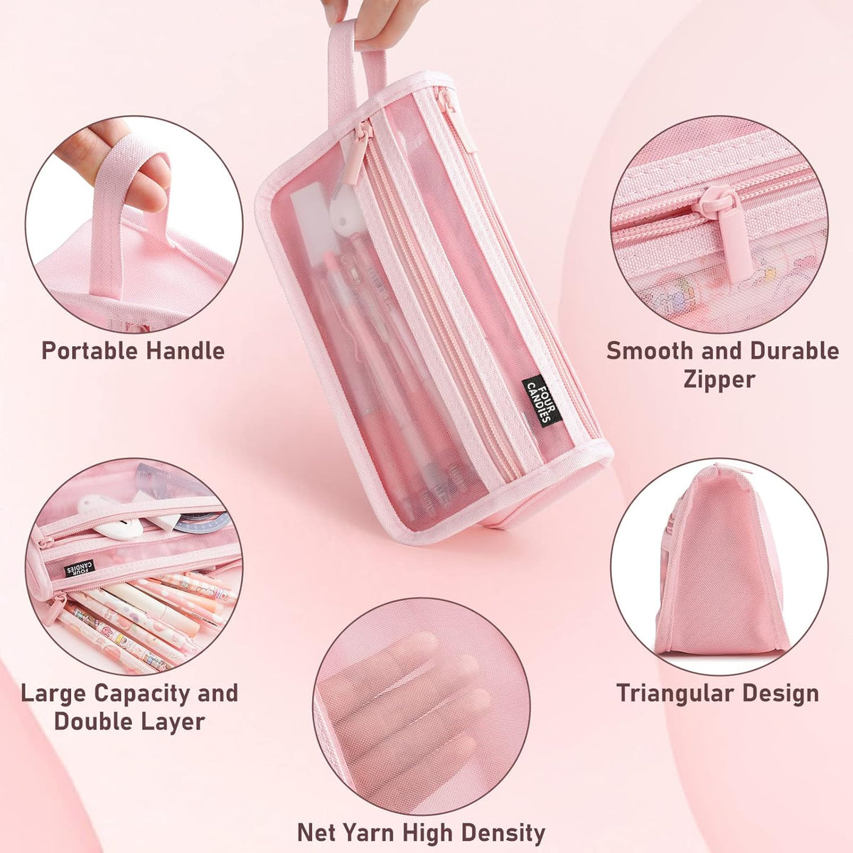 Four Candies Grid Mesh Pencil Case, Clear Double-layer with Handle (Pink)