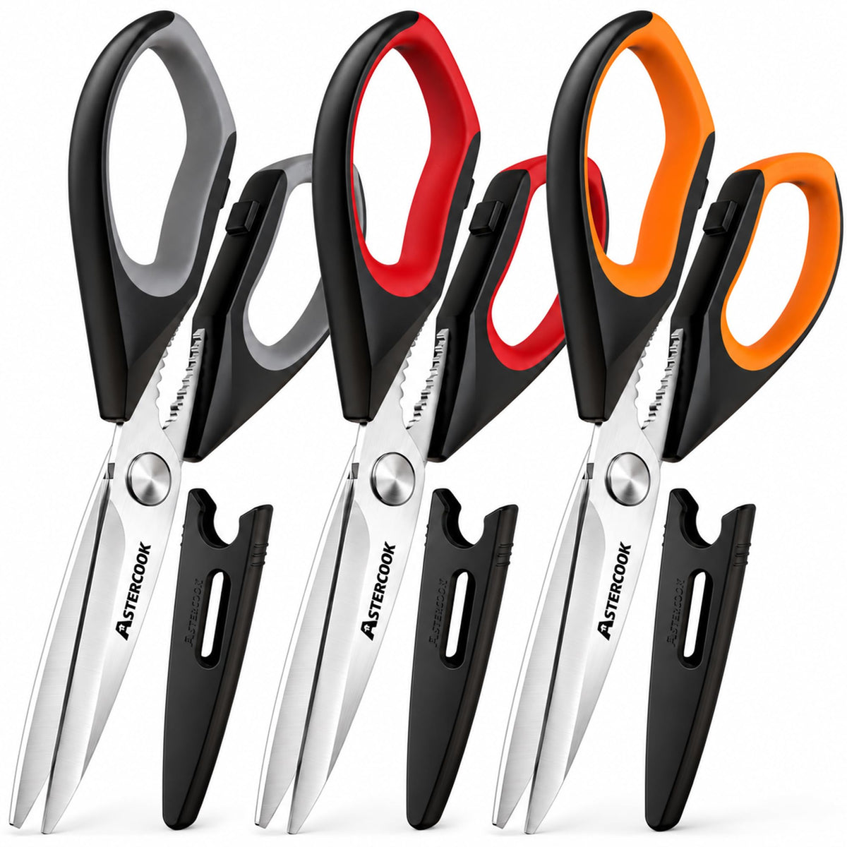 Astercook Kitchen Scissors, 3-Pack Heavy Duty Kitchen Shears with Stainless Steel Blades for Meat, Poultry, Herbs, Vegetables and Packaging, Dishwasher Safe Seafood Tools