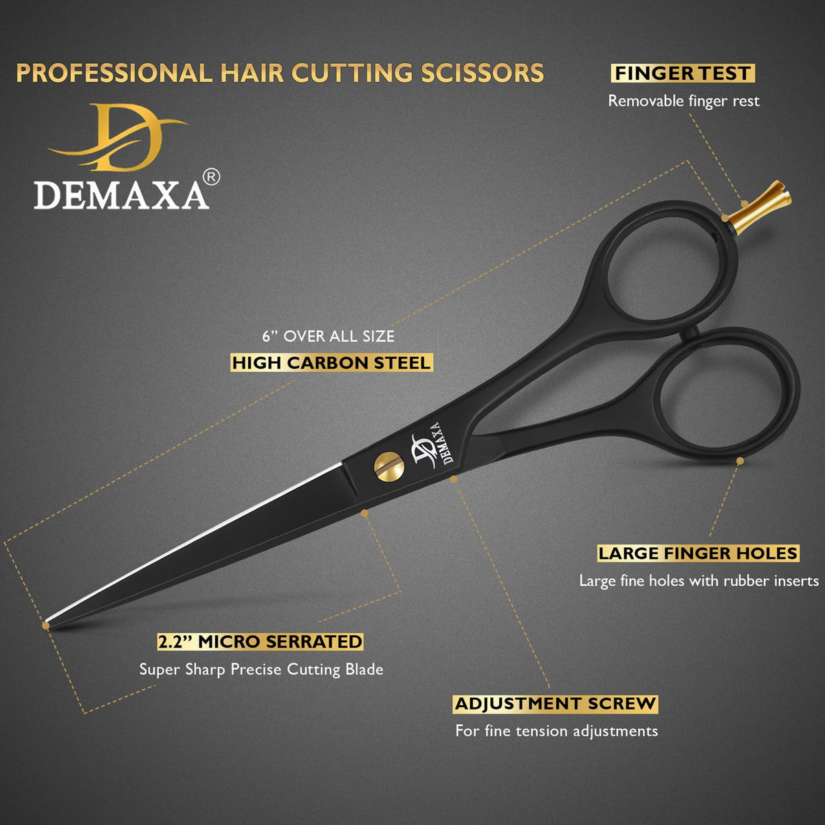 DEMAXA Professional Hair Scissors 6.5 Inch - Premium High Carbon Stainless Steel Barber Salon Hair Shears for Haircut Scissors - Ergonomic Design Super-Sharp Hair cutting Shears Blades