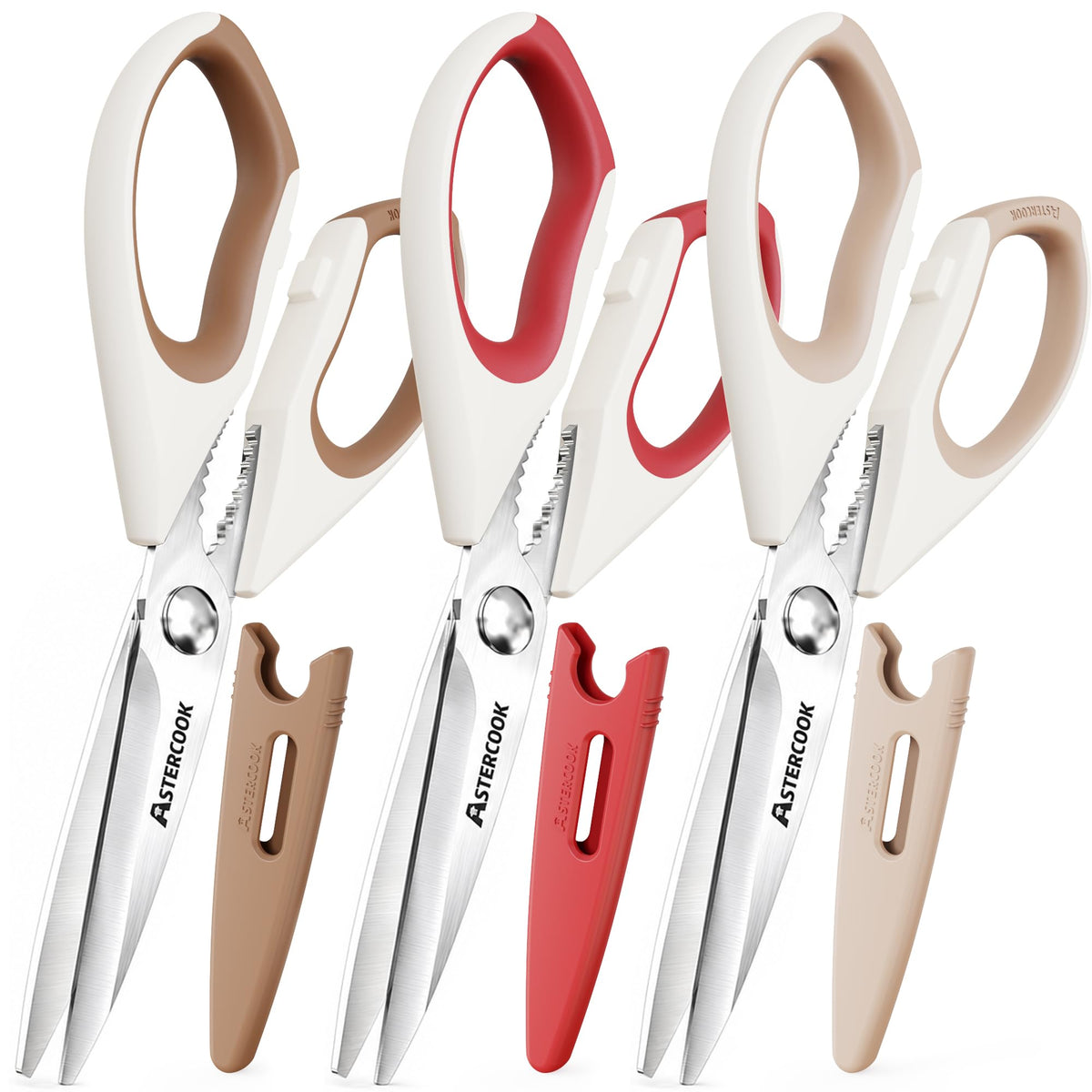 Astercook Kitchen Scissors, 3-Pack Heavy Duty Kitchen Shears with Stainless Steel Blades for Meat, Poultry, Herbs, Vegetables and Packaging, Dishwasher Safe Seafood Tools