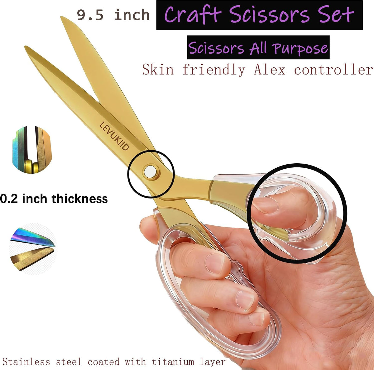 9.5 Inch Set All Purpose Scissors For Office, Anti-Rust Coating, Ergonomic Handle Craft Scissors, for Office Home School Craft Household Use/Gold