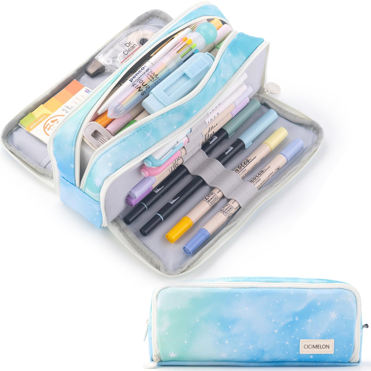 CICIMELON Large Capacity Pencil Case 3 Compartment Pouch Pen Bag for School Teen Girl Boy Men Women (Navy)