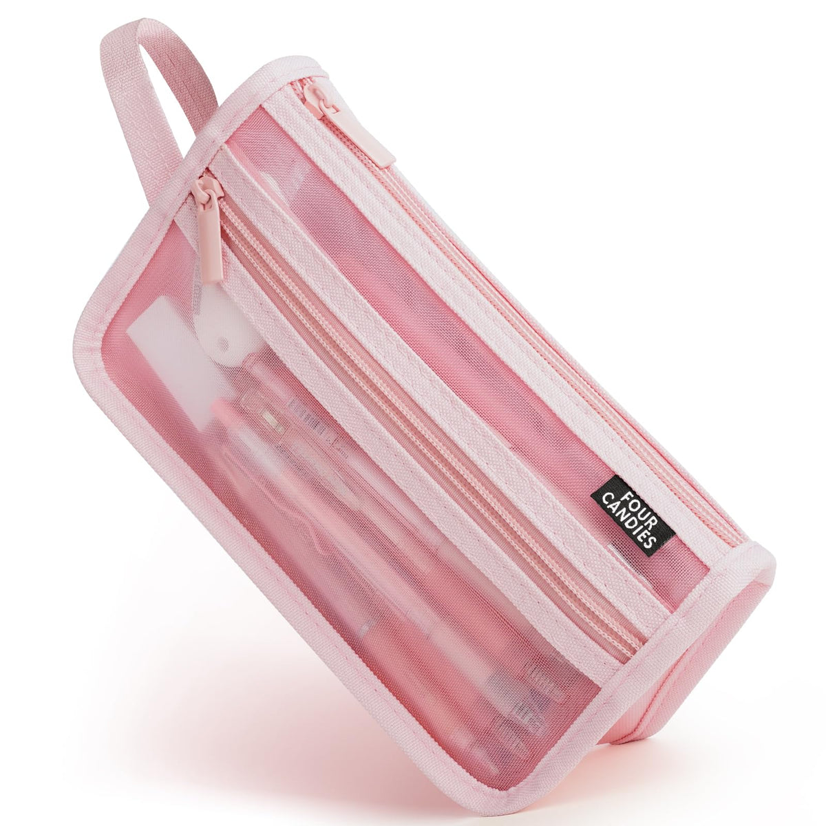 Four Candies Grid Mesh Pencil Case, Clear Double-layer with Handle (Pink)
