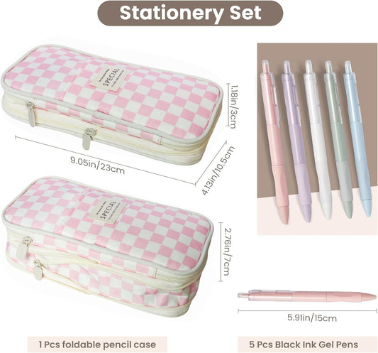Large Capacity Pencil Case Pouch with 5 Black Gel Pens (Pink plaid)