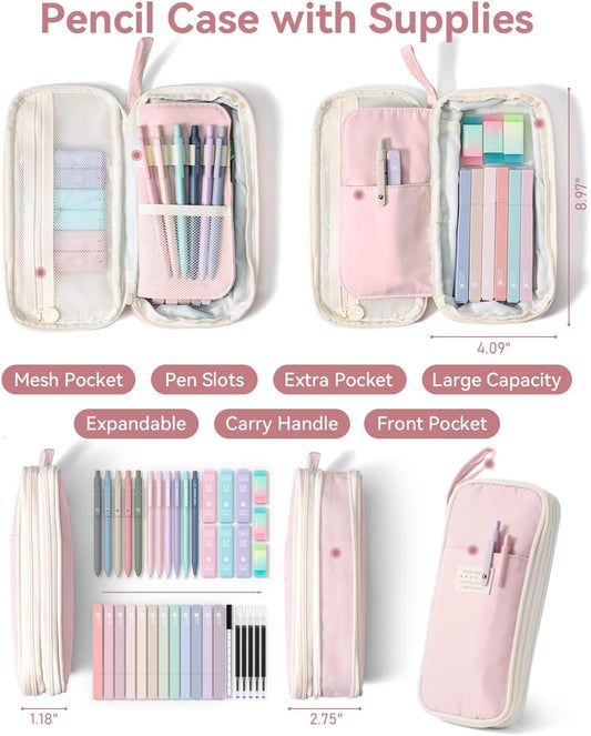 Four Candies School Supplies with Cute Pencil Case, 39ct, Pink