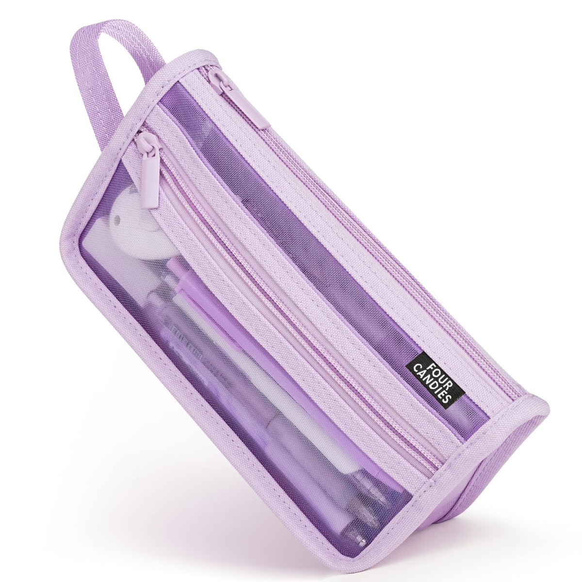 Four Candies Grid Mesh Pencil Case, Clear Double-layer with Handle (Pink)