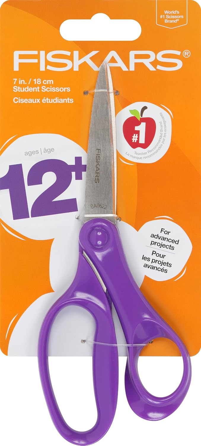 Fiskars 7" Student Scissors for Kids Ages 12-14, School & Crafting, Purple
