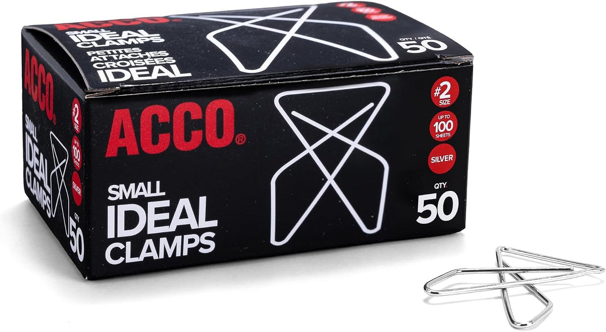 ACCO Ideal Butterfly Paper Clamps, Steel Wire, Small 1.5 Inch Size, 100 Sheet Capacity, Silver, 50 Clamps per Box (A7072620)