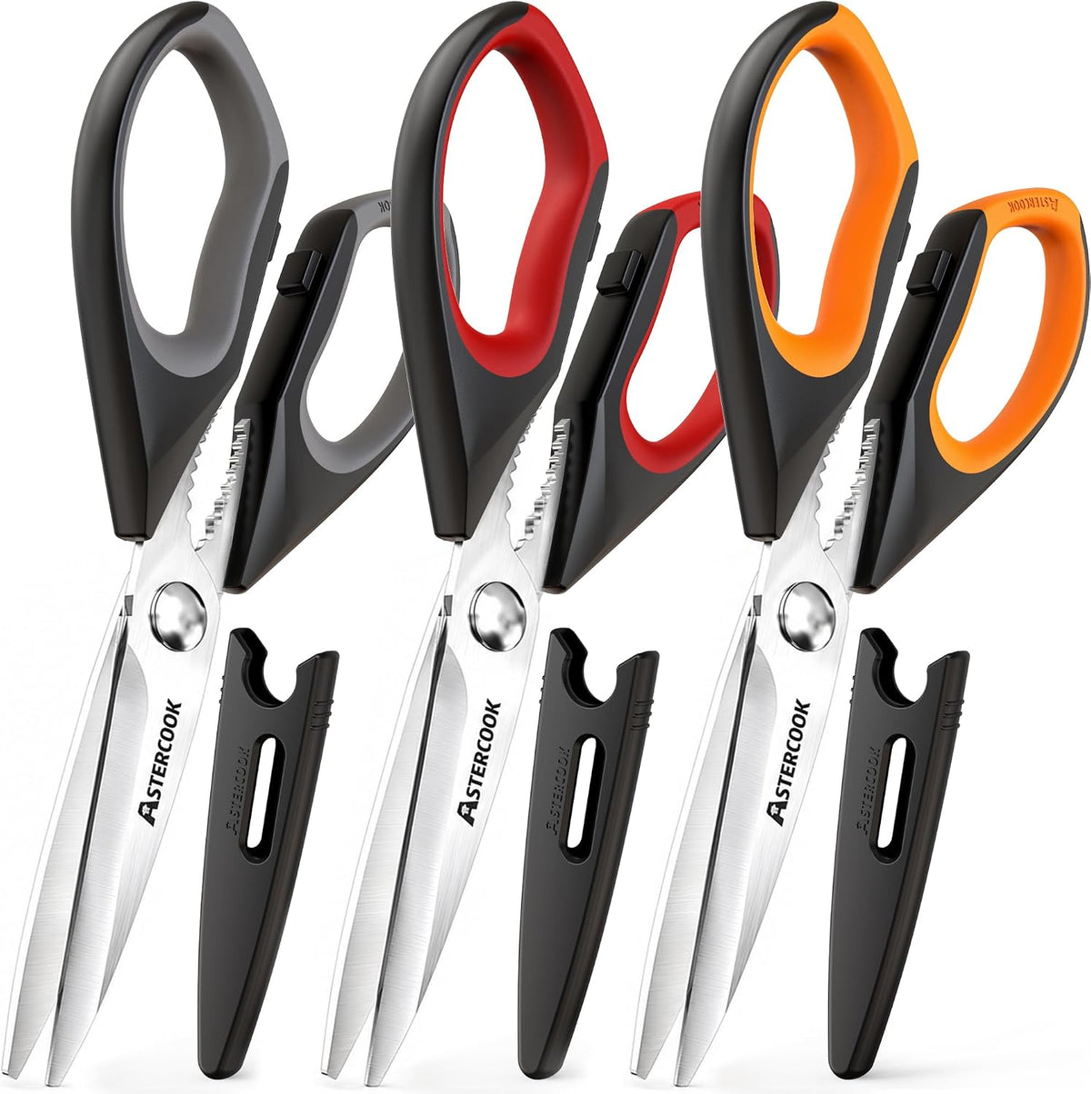 Astercook Kitchen Scissors, 3-Pack Heavy Duty Kitchen Shears with Stainless Steel Blades for Meat, Poultry, Herbs, Vegetables and Packaging, Dishwasher Safe Seafood Tools