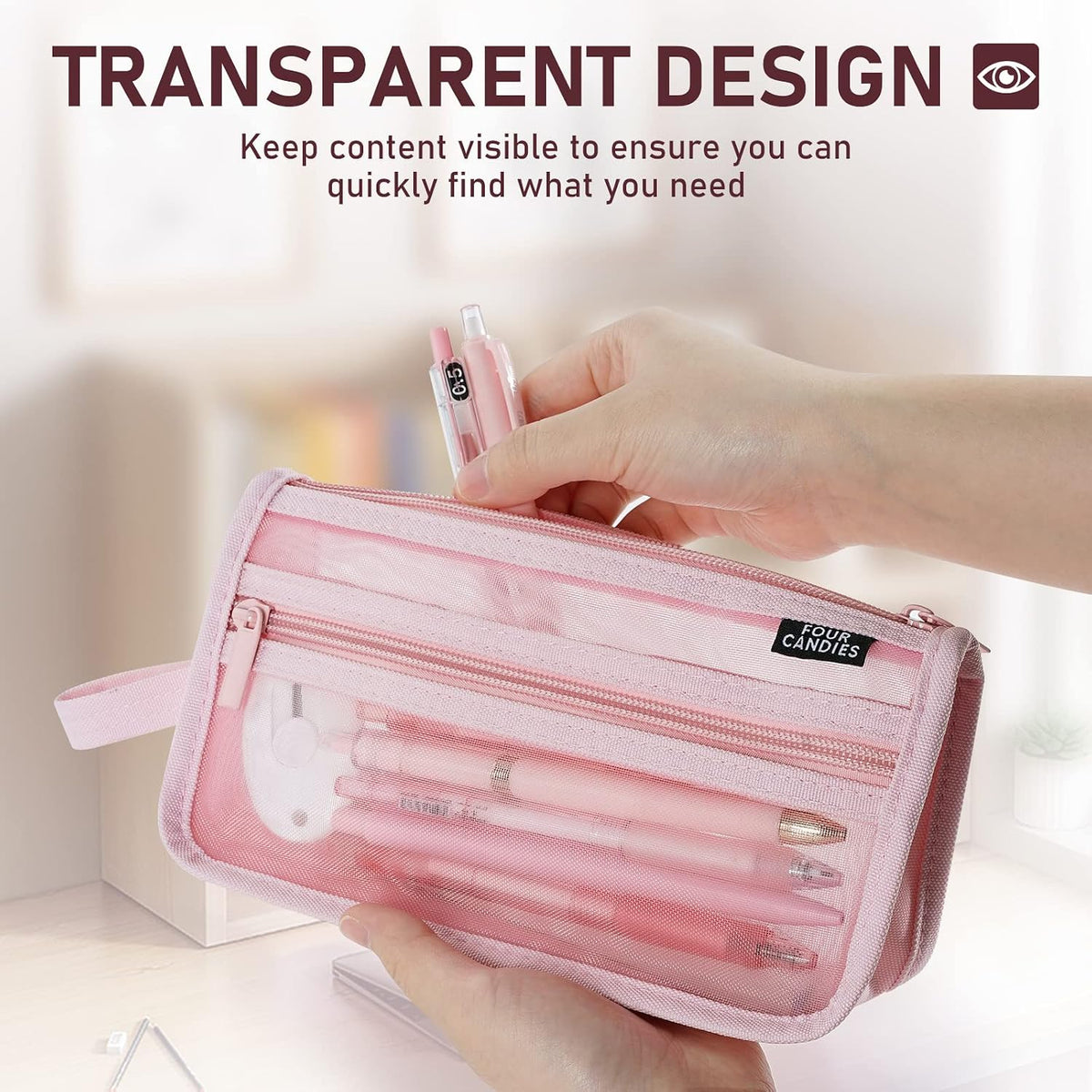 Four Candies Grid Mesh Pencil Case, Clear Double-layer with Handle (Pink)