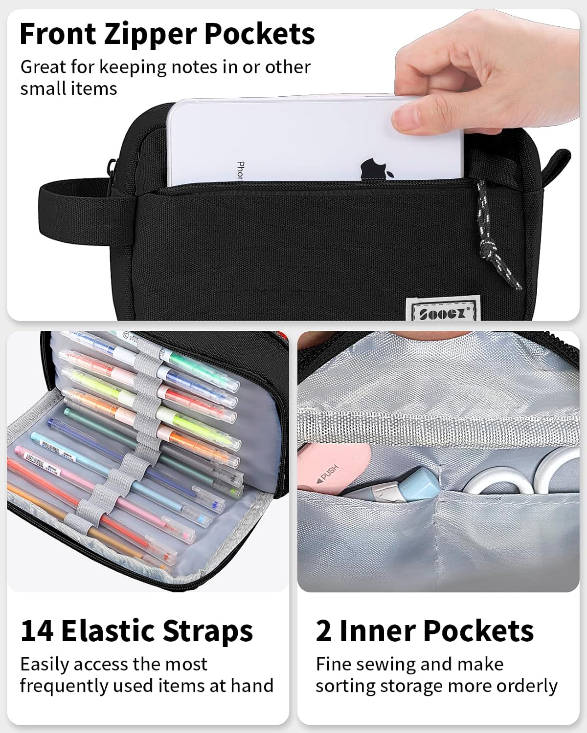 Sooez Big Capacity Pencil Case, Upgraded Canvas Pencil Pouch Large Pencil Bag Organizer, Separate Compartments Easy Grip Handle, Aesthetic Supply for School Teens Adults, Black Pen Case
