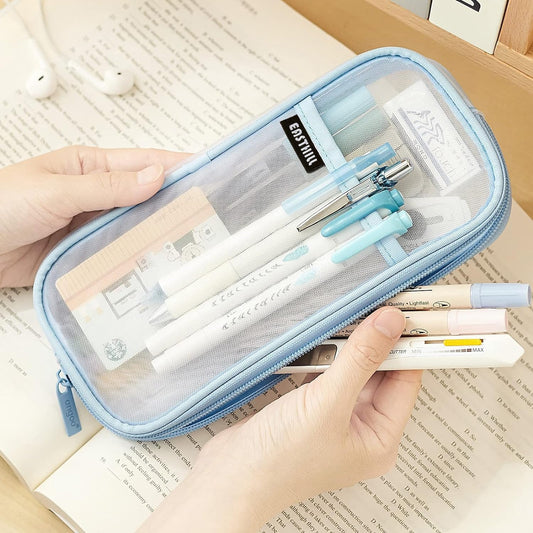 EASTHILL Grid Mesh Pen Pencil Case with Zipper Clear Makeup Color Pouch Cosmetics Bag Multi-Purpose Travel School Teen Girls Transparent Stationary Bag Office Organizer Box for Adluts(Blue)