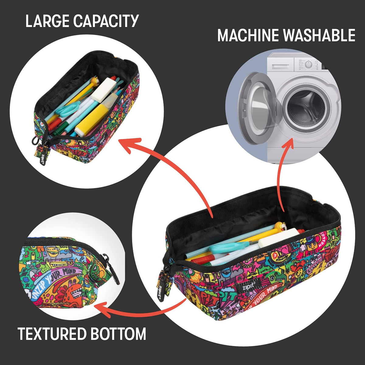 ZIPIT Lenny Pencil Case, Large Zipper Pouch for Girls and Boys, Doodles