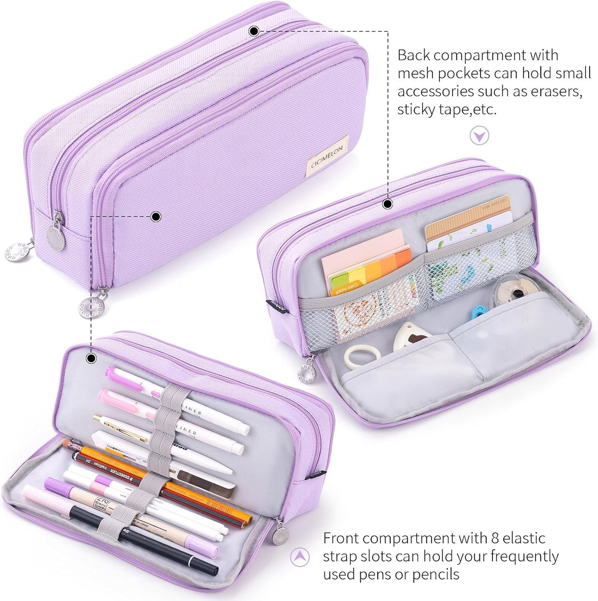 CICIMELON Large Capacity Pencil Case 3 Compartment Pouch Pen Bag for School Teen Girl Boy Men Women (Purple)