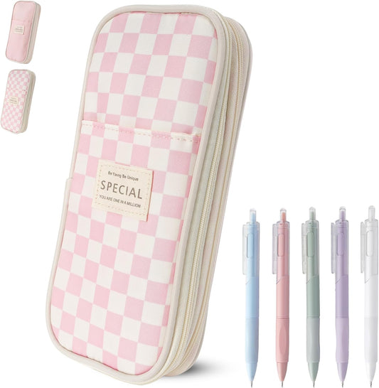 Large Capacity Pencil Case Pouch with 5 Black Gel Pens (Pink plaid)