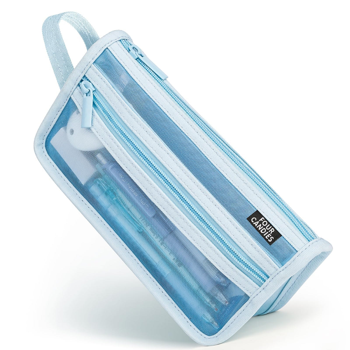 Four Candies Grid Mesh Pencil Case, Clear Double-layer with Handle (Pink)