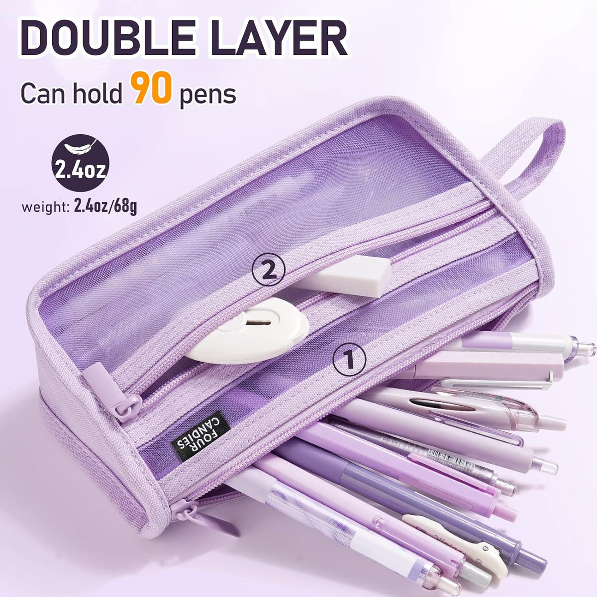 Four Candies Grid Mesh Pencil Case, Clear Double-layer with Handle (Pink)